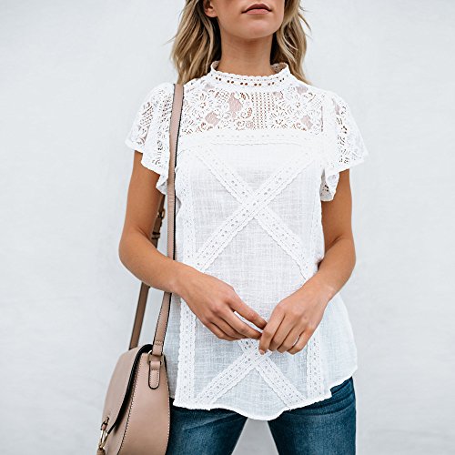 Camisetas Mujer SHOBDW Dia de la Mujer Verano Patchwork De Encaje Casual Ahuecar Volantes Manga Corta Suéter De Cuello De Tortuga Linda Blusa Floral Camiseta Blanca para Mujer(Blanco,L)