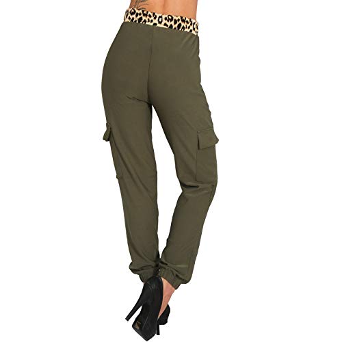 Candygirls Pantalones cargo de mujer elegantes de cintura alta para correr, diseño de leopardo, pantalones de deporte Fitness 5321, verde, L-XL