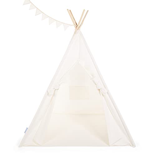 Canicove Tienda Tipi de Lona, algodón de la Mejor Calidad, Postes de Madera sólida y Banderas – para niños y niñas, Interior y Exterior – Teepee Plegable para Jugar – Tipi Indio (Blanco)