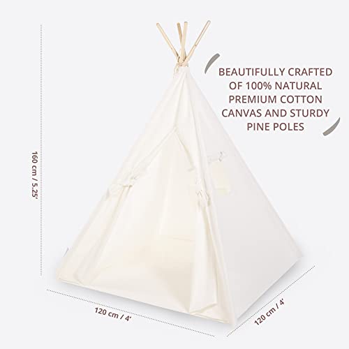 Canicove Tienda Tipi de Lona, algodón de la Mejor Calidad, Postes de Madera sólida y Banderas – para niños y niñas, Interior y Exterior – Teepee Plegable para Jugar – Tipi Indio (Blanco)