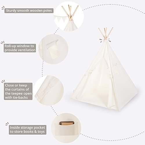 Canicove Tienda Tipi de Lona, algodón de la Mejor Calidad, Postes de Madera sólida y Banderas – para niños y niñas, Interior y Exterior – Teepee Plegable para Jugar – Tipi Indio (Blanco)