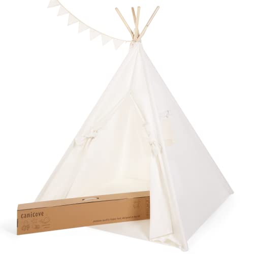 Canicove Tienda Tipi de Lona, algodón de la Mejor Calidad, Postes de Madera sólida y Banderas – para niños y niñas, Interior y Exterior – Teepee Plegable para Jugar – Tipi Indio (Blanco)