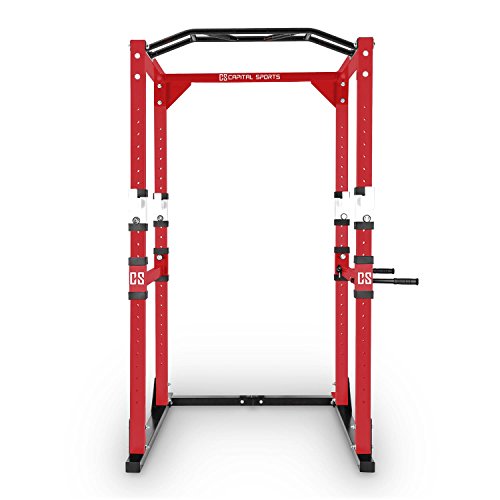 CAPITAL SPORTS Tremendour - Power Rack, Jaula de musculación, Gimnasio en casa, Cable de tracción, Pesos, Agarre múltiple, dominadas, Flexiones, Brazos, piernas, Press banca, Rojo