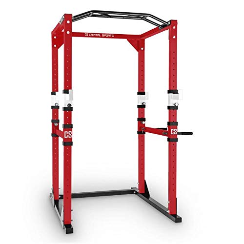 CAPITAL SPORTS Tremendour - Power Rack, Jaula de musculación, Gimnasio en casa, Cable de tracción, Pesos, Agarre múltiple, dominadas, Flexiones, Brazos, piernas, Press banca, Rojo