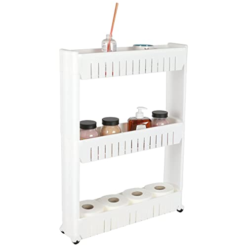 Carro de Almacenamiento Baño Cocina de 3 Niveles Estrecho Estante Suelo Baño con Ruedas 72.5 x 54.5 x 12 cm