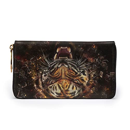 Cartera de cuero terrible Wolf para mujer, con cremallera larga alrededor del bolso de embrague bolsa de viaje titular de la tarjeta de crédito, Tiger Huff, Talla única, classic