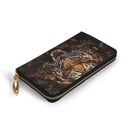 Cartera de cuero terrible Wolf para mujer, con cremallera larga alrededor del bolso de embrague bolsa de viaje titular de la tarjeta de crédito, Tiger Huff, Talla única, classic