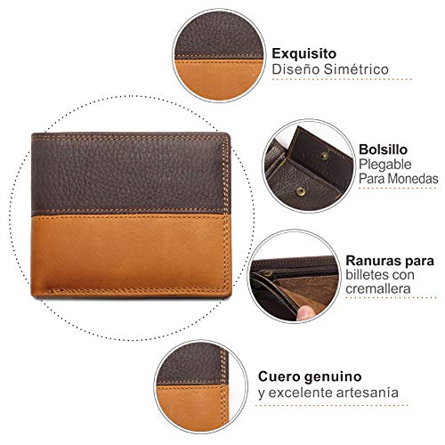 Carteras para Hombre Billetera para Hombre de Cuero auténtico con tecnologia de Bloqueo RFID. Diseño Delgado con 12 Ranuras. Cartera Plegable Regalo de Cumpleaños para Padre Novio