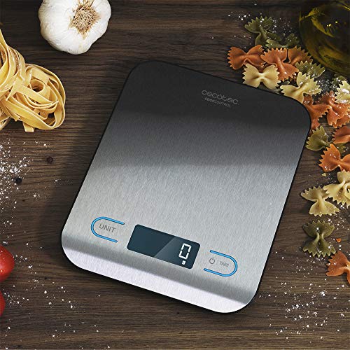 Cecotec Báscula de Cocina Digital Cook Control 8000, Alta precisión, Acero Inoxidable, Diseño Extraplano, Pantalla LCD Retroiluminada Extragrande, Capacidad Máxima 5 Kg con Precisión de 1 g