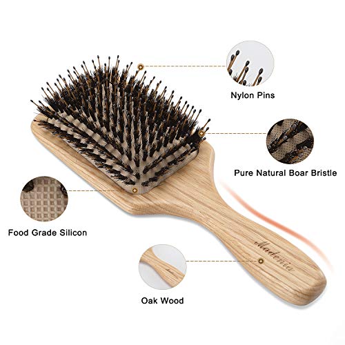 Cepillo de pelo de madera con cerdas de jabalí [Aprobado por la FDA] para con cabello fino, grueso, ondulado, rizado. Masaje no estático del cuero cabelludo Detangling Paddle Design Hairbrush.