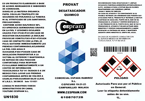 Cespram. Desatascador químico para tuberías del wc. Líquido, limpiador de desagües concentrado. fregadero, ducha, baño, desagües. PROVAT 1L