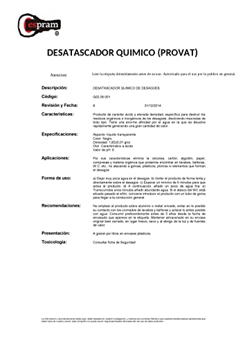 Cespram. Desatascador químico para tuberías del wc. Líquido, limpiador de desagües concentrado. fregadero, ducha, baño, desagües. PROVAT 1L