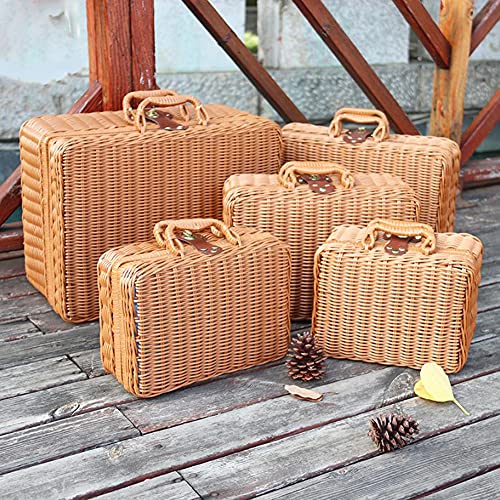 Cesta de Picnic, 1 Pieza Organizador de Tejido de Ratán de Plástico, Estuche de Almacenamiento de Mimbre Hecho a Mano, Maleta Vintage, Caja de Accesorios para Fotografía con Asa (30*21*13cm)