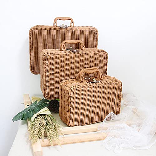 Cesta de Picnic, 1 Pieza Organizador de Tejido de Ratán de Plástico, Estuche de Almacenamiento de Mimbre Hecho a Mano, Maleta Vintage, Caja de Accesorios para Fotografía con Asa (30*21*13cm)