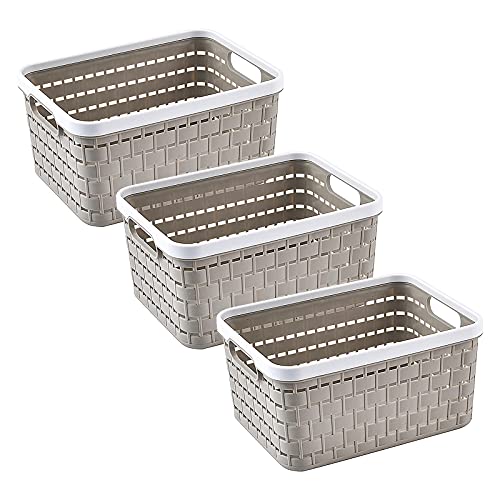 Cestas de Almacenamiento de plástico,3 piezas Cajas para Almacenamiento Organizador de Almacenamiento Cesta de Rectangular con asas Cesta de tejido de plástico para cocina, baño y armario (light gray)