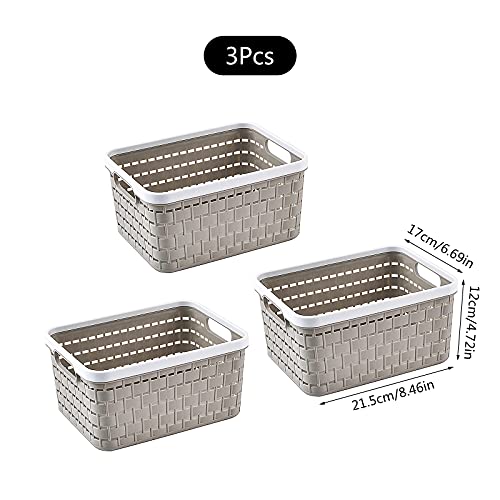 Cestas de Almacenamiento de plástico,3 piezas Cajas para Almacenamiento Organizador de Almacenamiento Cesta de Rectangular con asas Cesta de tejido de plástico para cocina, baño y armario (light gray)