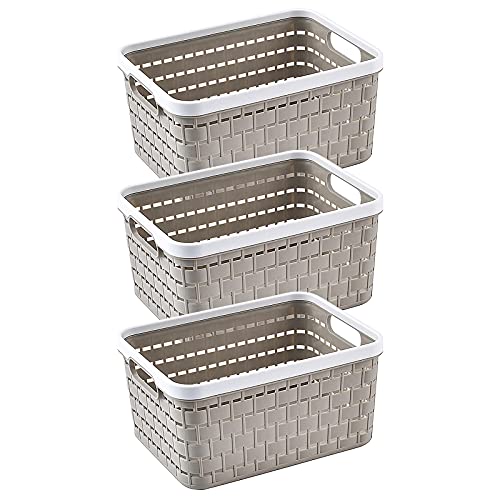 Cestas de Almacenamiento de plástico,3 piezas Cajas para Almacenamiento Organizador de Almacenamiento Cesta de Rectangular con asas Cesta de tejido de plástico para cocina, baño y armario (light gray)