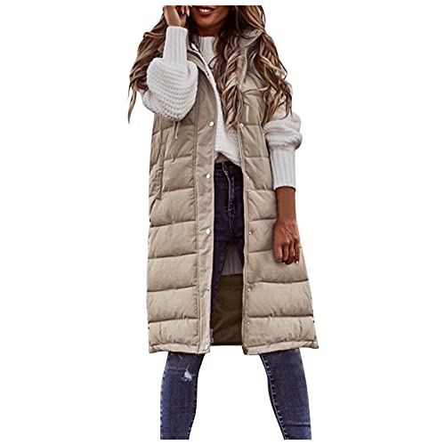 Chaleco de Algodón con Capucha para Mujer Abrigo de Invierno Largo Delgado Chaqueta sin Mangas Acolchado Prueba de Viento Chaleco Deportivo Calentador de Cuerpo con Bolsillos (A Beige, XL)