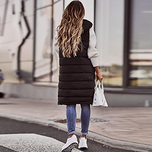 Chaleco de plumón para mujer, abrigo largo de invierno con capucha, abrigo de invierno sin mangas, cálido, de plumón, con bolsillos, chaqueta acolchada para exteriores, Negro , XXL