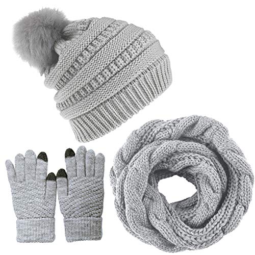 CheChury Gorro Bufanda de punto Guantes Mujer Moda Invierno Set de Bufanda y Gorro de Pompón Suave y Cálida Caliente Guantes de Pantalla Táctil Gorro Regalo de para Mujer,Gris,talla única