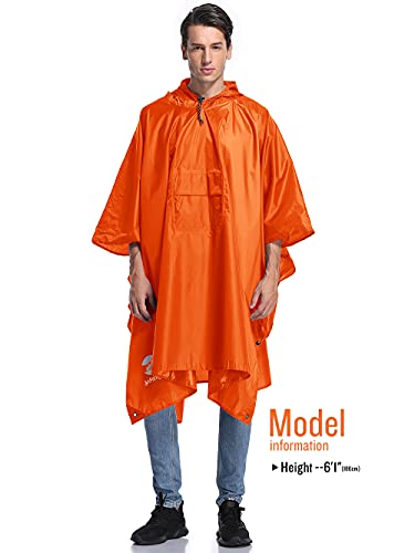 Chubasquero Hombre Poncho de Lluvia Reutilizable Capa Impermeable Multifuncional con Capucha Ligero Adulto al Aire Libre Naranja