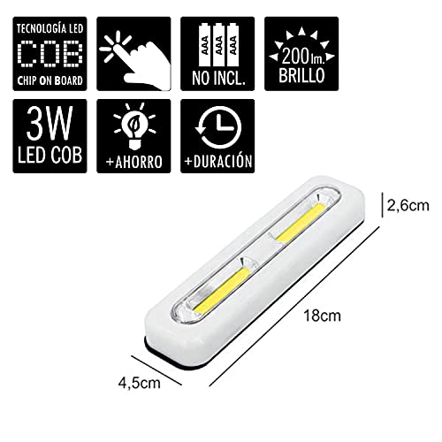 Clenersa Regleta LED COB 3W sin instalación, se enciende pulsando-3 pilas AAA Luz de toque, 3 W, Blanco, 1 un