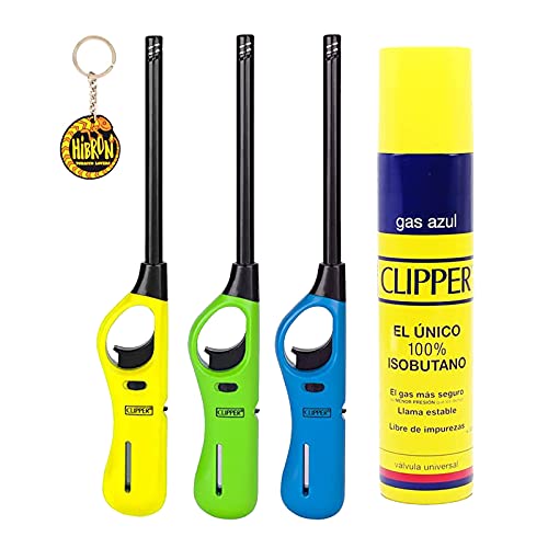 Clipper 3 Encendedores Cocina barbacoa + 1 Botella Gas Azul 300 ml + 1 Llavero, Gas Sirve Para Recargar Soplete de Cocina