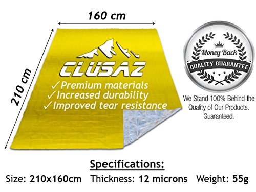 CLUSAZ Manta de Emergencia Oro XL 210x160cm (Paquete de 6) Retiene hasta el 90% del Calor, Impermeable, Esquí, Maratón, Senderismo, Campamento, Primeros Auxilios, Seguridad Vial - GARANTÍA