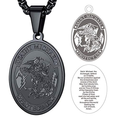 Colgante Ovalado San Miguel Arcángel Acero Inoxidable 316L Colgante óvalo Joyería Sagrada con Letras de SAINT MICHAEL PROTECT US Cadena Dudadera Regalo Cumpleaños Navidad Nuevo Año Días Festivales