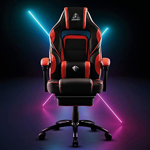 COMIFORT Silla Gaming Monza con Espuma de Alta Densidad, Reposapies Acolchado y Cojin Lumbar con Vibración, Silla Gamer Reclinable 135º con función de Balanceo, Reposabrazos Acolchados, Rojo