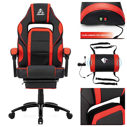 COMIFORT Silla Gaming Monza con Espuma de Alta Densidad, Reposapies Acolchado y Cojin Lumbar con Vibración, Silla Gamer Reclinable 135º con función de Balanceo, Reposabrazos Acolchados, Rojo