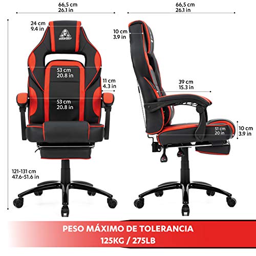 COMIFORT Silla Gaming Monza con Espuma de Alta Densidad, Reposapies Acolchado y Cojin Lumbar con Vibración, Silla Gamer Reclinable 135º con función de Balanceo, Reposabrazos Acolchados, Rojo