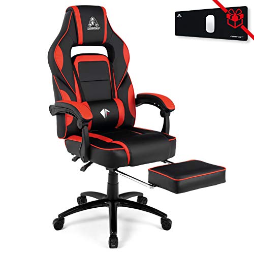 COMIFORT Silla Gaming Monza con Espuma de Alta Densidad, Reposapies Acolchado y Cojin Lumbar con Vibración, Silla Gamer Reclinable 135º con función de Balanceo, Reposabrazos Acolchados, Rojo