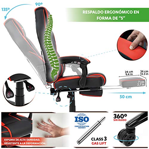 COMIFORT Silla Gaming Monza con Espuma de Alta Densidad, Reposapies Acolchado y Cojin Lumbar con Vibración, Silla Gamer Reclinable 135º con función de Balanceo, Reposabrazos Acolchados, Rojo