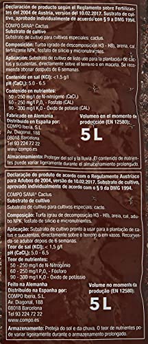 Compo Sana Substrato para Cactus y suculentas con 8 semanas de abono para Todas Las Especies de Cactus y suculentas, Substrato de Cultivo, 5 L, 37x23x5.5 cm, 1122106011