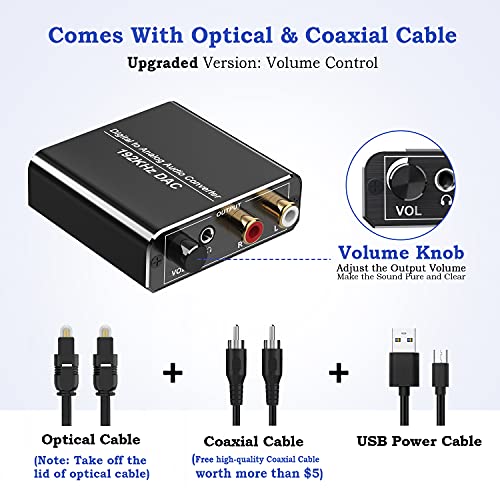 Convertidor Digital a Analógico con Volumen Ajustable 192kHz DAC Audio Óptico Coaxial Toslink a Analógico Estéreo L/R y Jack 3.5mm con Cable Óptico para PS3 PS4 Xbox HDTV, DVD