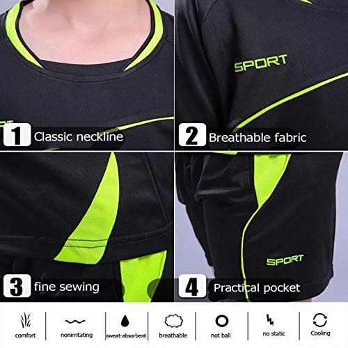 Coralup Niños Adultos Deportes Pantalones Cortos Conjuntos Fútbol y Baloncesto Uniforme Jerseys Chándal Trajes de Entrenamiento Verano Playa Manga Corta Conjunto 120-195cm, Negro, 10-11 Años