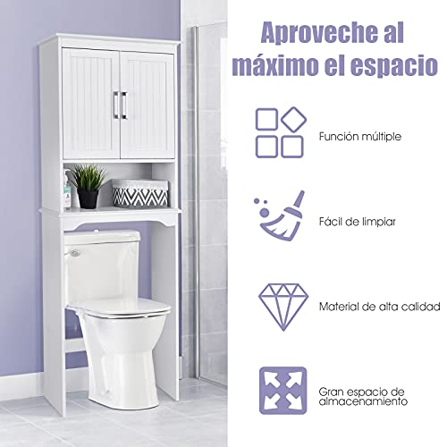 COSTWAY Mueble Salva Espacio Arriba del Inodoro, Torre de Armario sobre Inodoro/WC, Organizador sobre Lavadora con 3 Repisas, Estante Baño con Repisa Interna Regulable Repisa Abierta