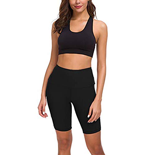 COTOP Pantalones Cortos de Yoga para Mujeres, Pantalones Cortos Deportivos de Cintura Alta de Verano con Bolsillos para Entrenamiento de Gimnasia, Fitness, Trotar, Correr, Motorista (L, Negro)