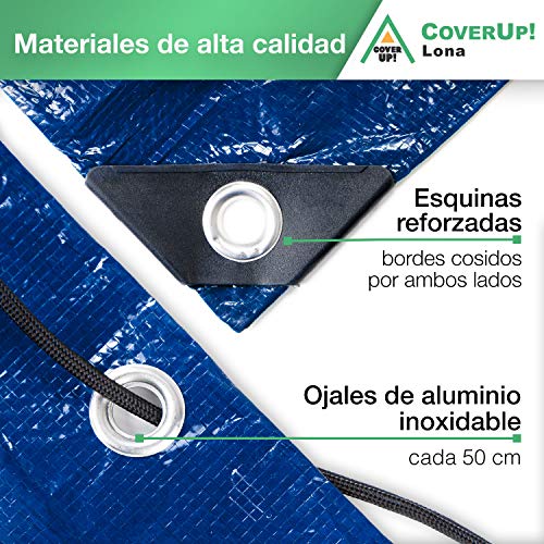 CoverUp! Lona Impermeable Exterior 2 x 3 m [120 g/m2] & Cuerda de 12 m, Lona de protección con Ojales para Muebles de jardín, Piscina, Coche, Camiones, Resistente a la Rotura