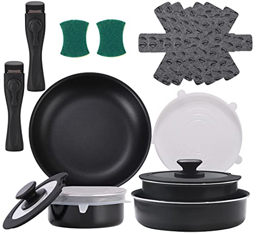 CWFUN Batería de cocina de 16 piezas para camping, cacerola y sartén con mango extraíble para todas las placas de cocina incluidas las de inducción.