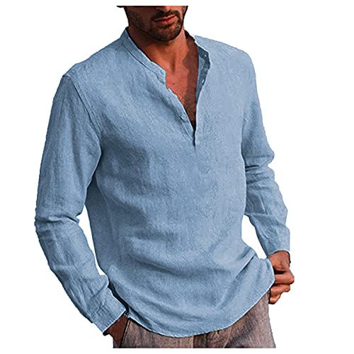 Dasongff Camisa de hombre para otoño e invierno, de manga larga, para verano, corte regular, para tiempo libre, de Henley, monocolor, de manga larga, para tiempo libre, playa, de negocios, para hombre