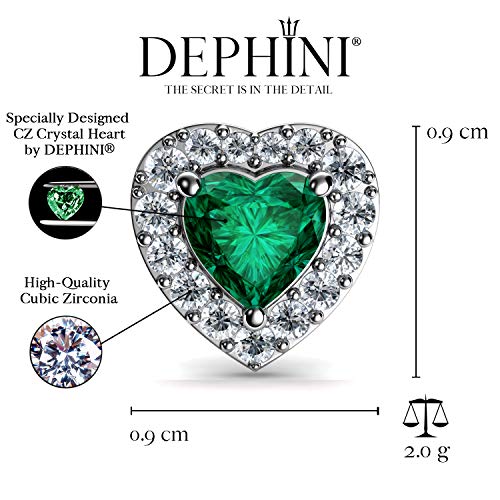 DEPHINI Pendientes de corazón verde de plata de ley 925 con colgante de cristal de circonio cúbico de plata de ley 925 con piedra de nacimiento fina para mujer