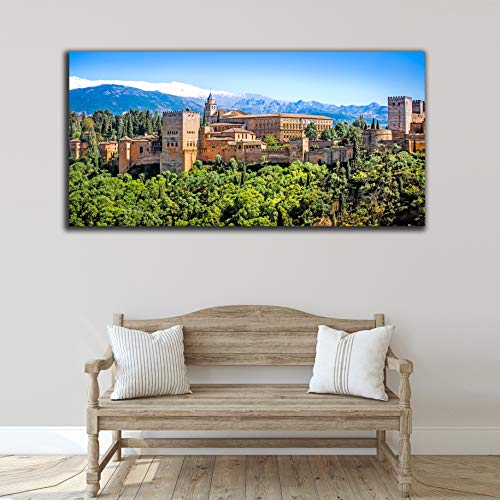 Desconocido Cuadro Lienzo Canvas Alhambra de Granada panorámica con Sierra Nevada – Varias Medidas - Lienzo de Tela Bastidor de Madera de 3 cm - Impresion en Alta resolucion (120, 59)