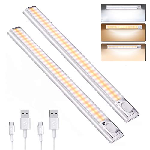 DFGOTOP Luz Sensor LED Recargable USB,Luces LED Armario Cocina Sensor,Lampara 160 LED Armario Cocina Sensor 3 Color 4 Modos 2PCS