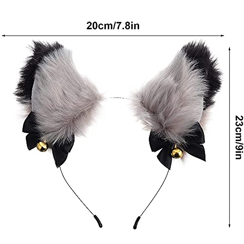 Diadema Orejas Gato Pelo Aro Orejas Zorro Campanas, para Mujeres y Niñas, Decoración Diaria y Para Fiestas, (Negro + Gris)