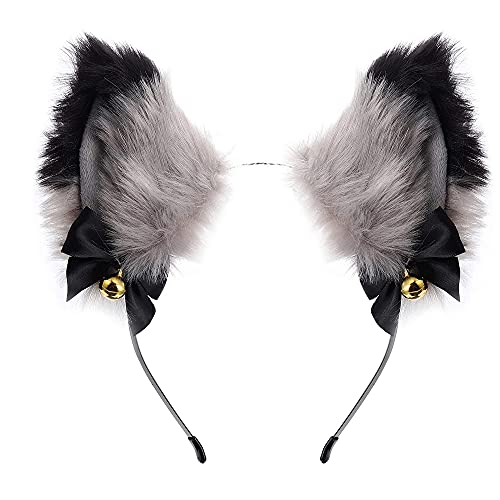 Diadema Orejas Gato Pelo Aro Orejas Zorro Campanas, para Mujeres y Niñas, Decoración Diaria y Para Fiestas, (Negro + Gris)