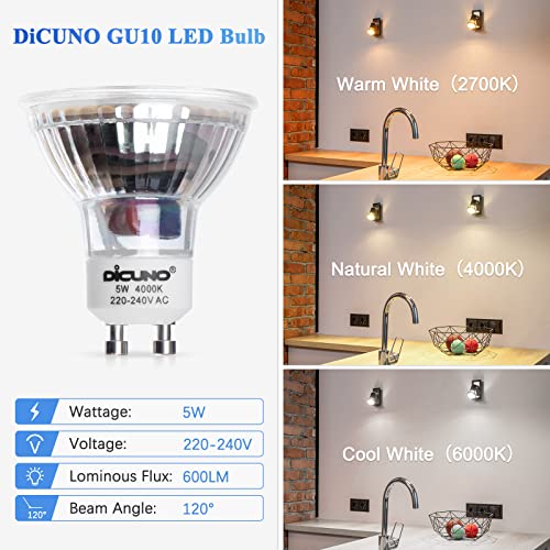 DiCUNO Bombilla LED GU10, 5W, 600LM, Blanco neutro 4000K, Equivalente de halógeno 50W, Bombilla para foco LED GU10, No regulable, 220-240V, Ángulo de haz 120 °, 6 Piezas