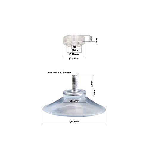 DIYexpert® 4 x Ventosas diámetro 40 mm con Rosca M4 x 10 mm Incluye Tuercas moleteadas Transparentes, Fabricadas en Alemania