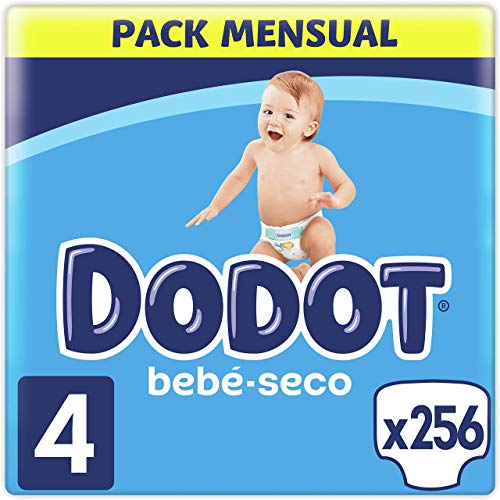 Dodot Pañales Bebé-Seco Talla 4 (9-14 kg), 256 Pañales con Protección Antifugas, Pack Mensual